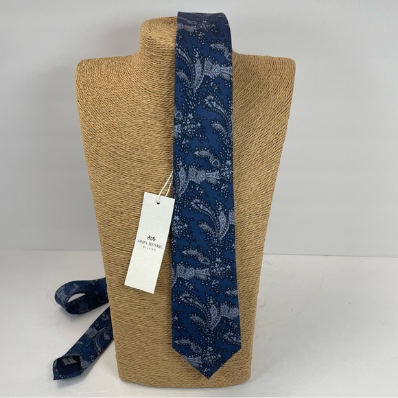 NWT John Henric Milano silk tie Made in Italy  slim navy gray floral - Picture 1 of 8
